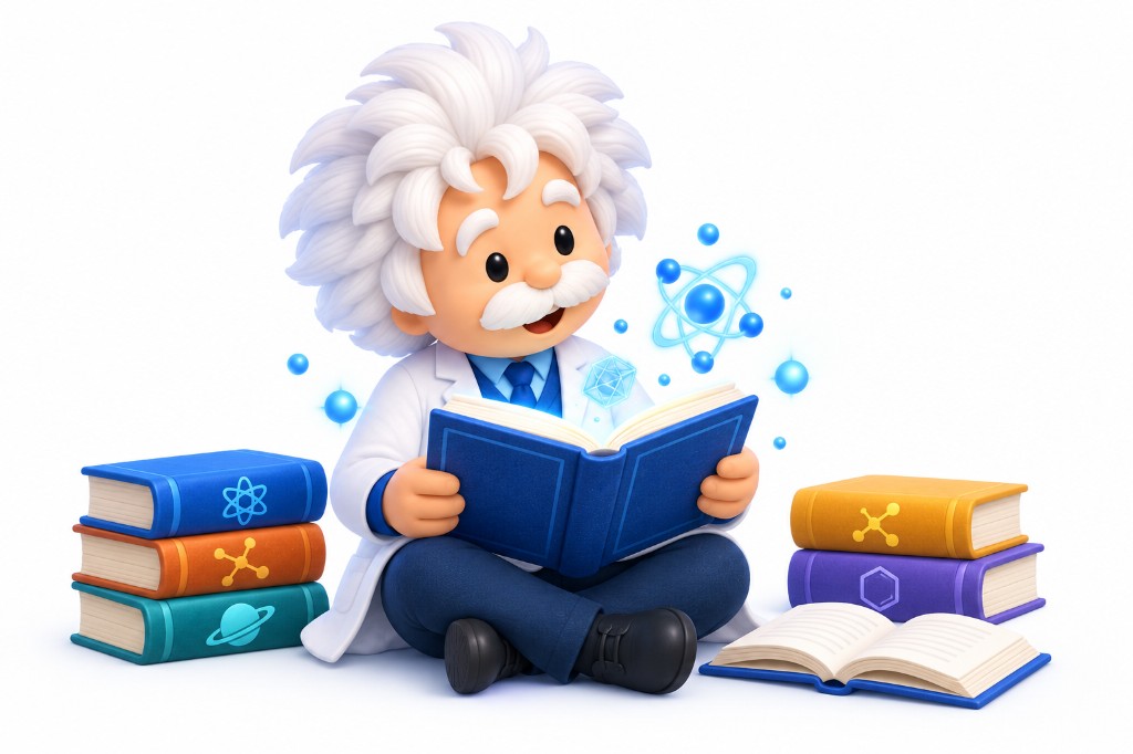 Illustration of a curious researcher learning from books and scientific ideas